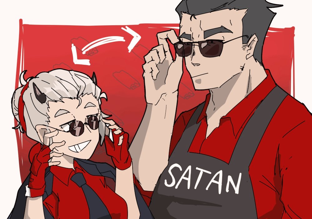 1boy, 1girl, apron, bandana, black_apron, black_hair, black_horns, black_jacket