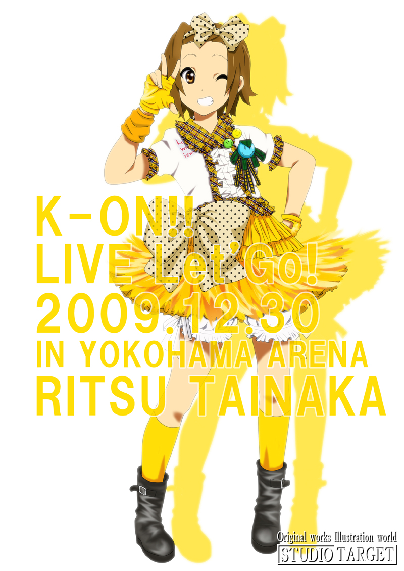 bad_id, brown_eyes, brown_hair, button_badge, dress, fingerless_gloves, gloves, k-on!