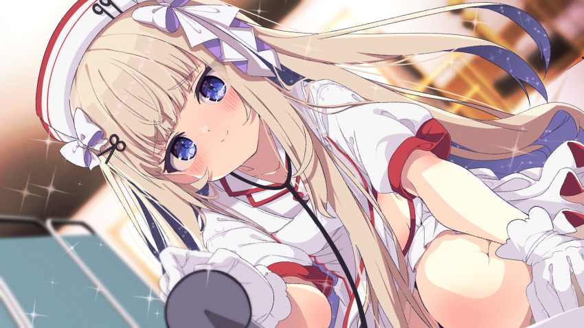 1girl, amanogawa_shiina, blue_eyes, blush, bow, commission, hair_bow, hair_ornament, hairclip, hat, highres, holding, holding_stethoscope, long_hair, looking_at_viewer, nurse, nurse_cap, phase_connect, pleated_skirt, shiro9jira, skeb_commission, skirt, smile, stethoscope, white_hair