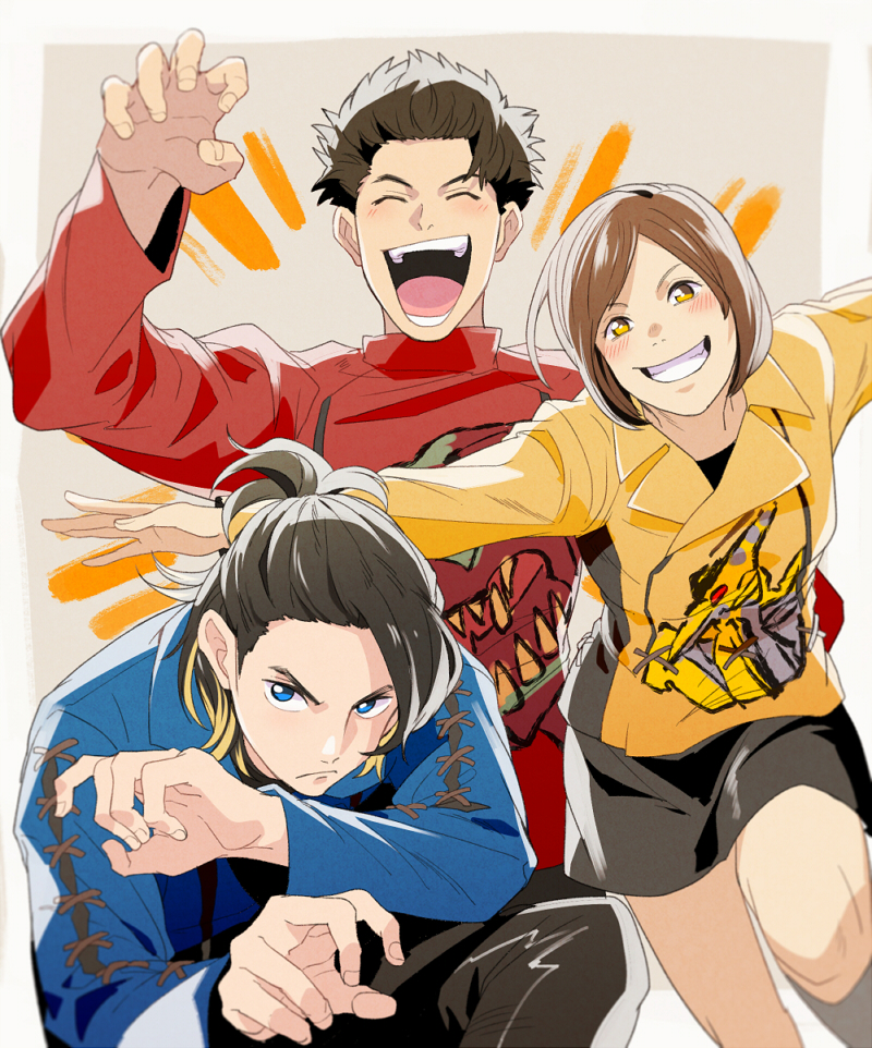 1girl, 2boys, bakuryuu_sentai_abaranger, black_hair, black_pants, black_skirt, blue_eyes, blue_jacket, brown_hair, claw_pose, closed_eyes, hakua_ryouga, itsuki_ranru, jacket, miniskirt, multiple_boys, outstretched_arms, pants, ponytail, red_jacket, sanjou_yukito, skirt, super_sentai, t_k_g, tokusatsu, yellow_jacket