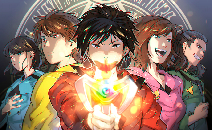 2girls, 3boys, black_hair, blue_jacket, brown_eyes, brown_hair, green_jacket, holding, holding_staff, jacket, magic_circle, mahou_sentai_magiranger, multiple_boys, multiple_girls, open_mouth, outstretched_arm, ozu_houka, ozu_kai, ozu_makito, ozu_tsubasa, ozu_urara, pink_jacket, red_jacket, smile, staff, super_sentai, t_k_g, uniform, upper_body, yellow_jacket