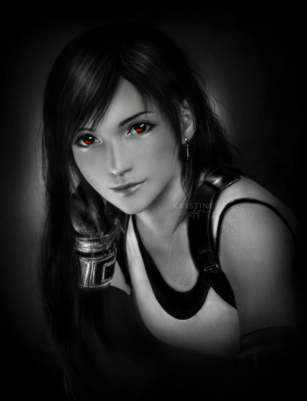 1girl, artist_name, closed_mouth, dangle_earrings, earrings, elbow_gloves, english_commentary, final_fantasy, final_fantasy_vii, final_fantasy_vii_rebirth, final_fantasy_vii_remake, fingerless_gloves, gloves, greyscale, highres, jewelry, krystine_art, lips, long_hair, monochrome, photorealistic, realistic, red_eyes, simple_background, smile, solo, spot_color, tank_top, tifa_lockhart, upper_body