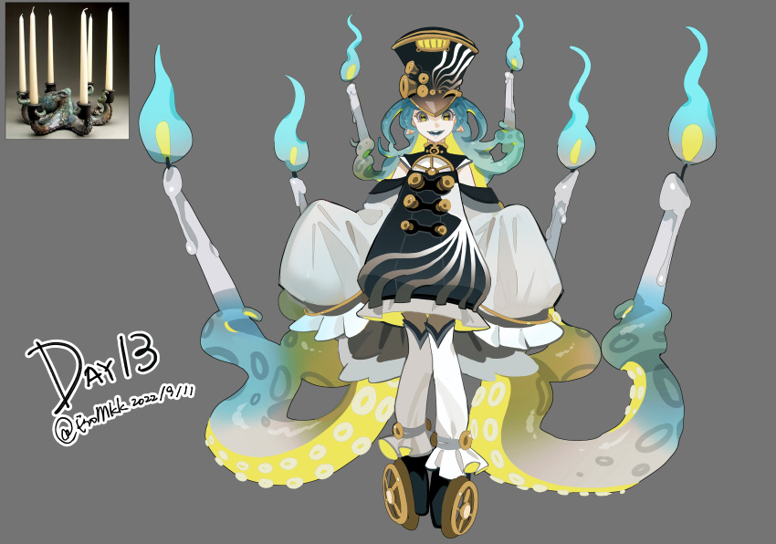 1girl, absurdres, black_hat, black_shirt, blonde_hair, blue_fire, blue_hair, candle