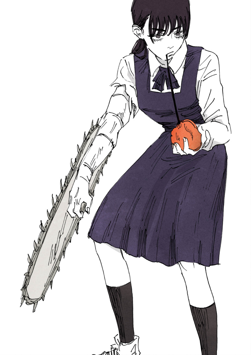 1girl, absurdres, black_hair, chainsaw, chainsaw_man, dress, fourth_east_high_school_uniform, heart, highres, low_twintails, mitaka_asa, neck_ribbon, pinafore_dress, ribbon, school_uniform, senaka_look, sleeveless, sleeveless_dress, solo, twintails