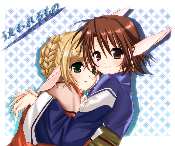 bad_id, blonde_hair, brown_eyes, brown_hair, bunny_ears, earrings, green_eyes, hug