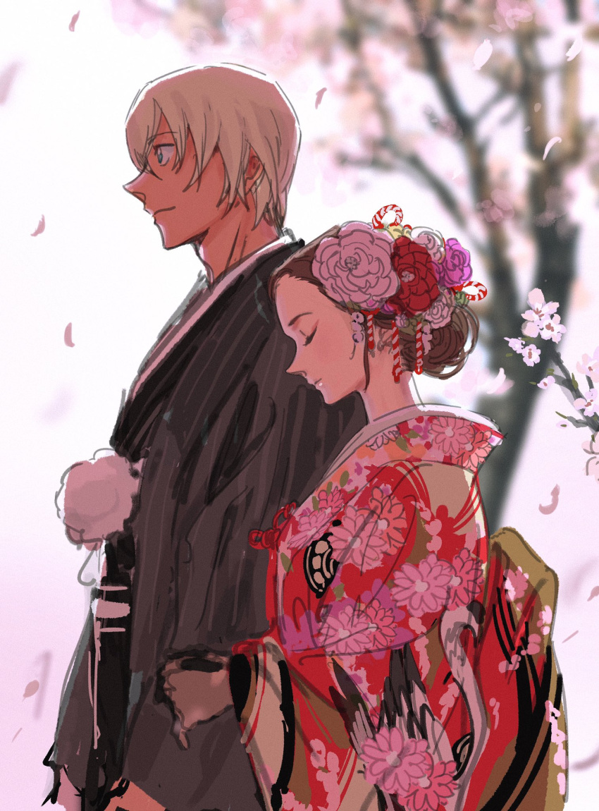 1boy, 1girl, amuro_tooru, cherry_blossoms, closed_eyes, enomoto_azusa, falling_petals, floral_print_kimono