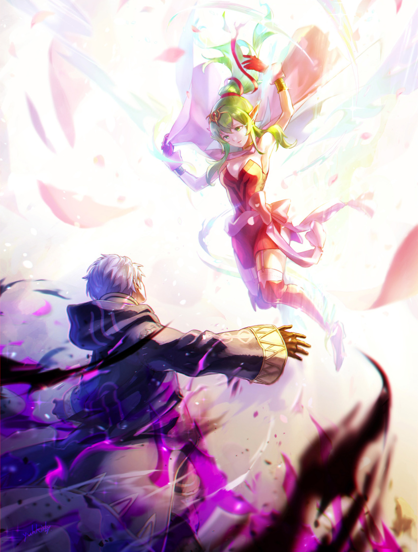 1boy, 1girl, absurdres, black_robe, boots, contrast, dress, fire_emblem