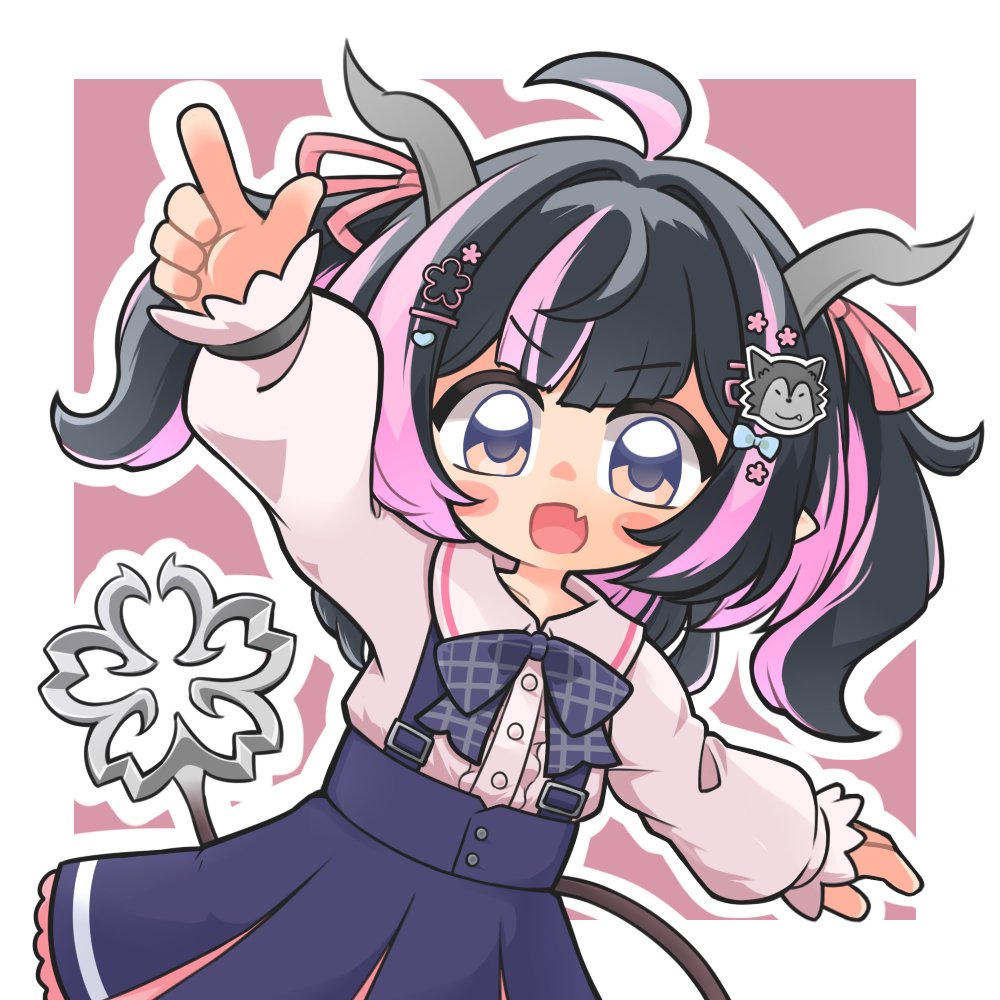 1girl, ahoge, black_hair, blue_bow, blue_bowtie, blue_eyes, blue_skirt, blush