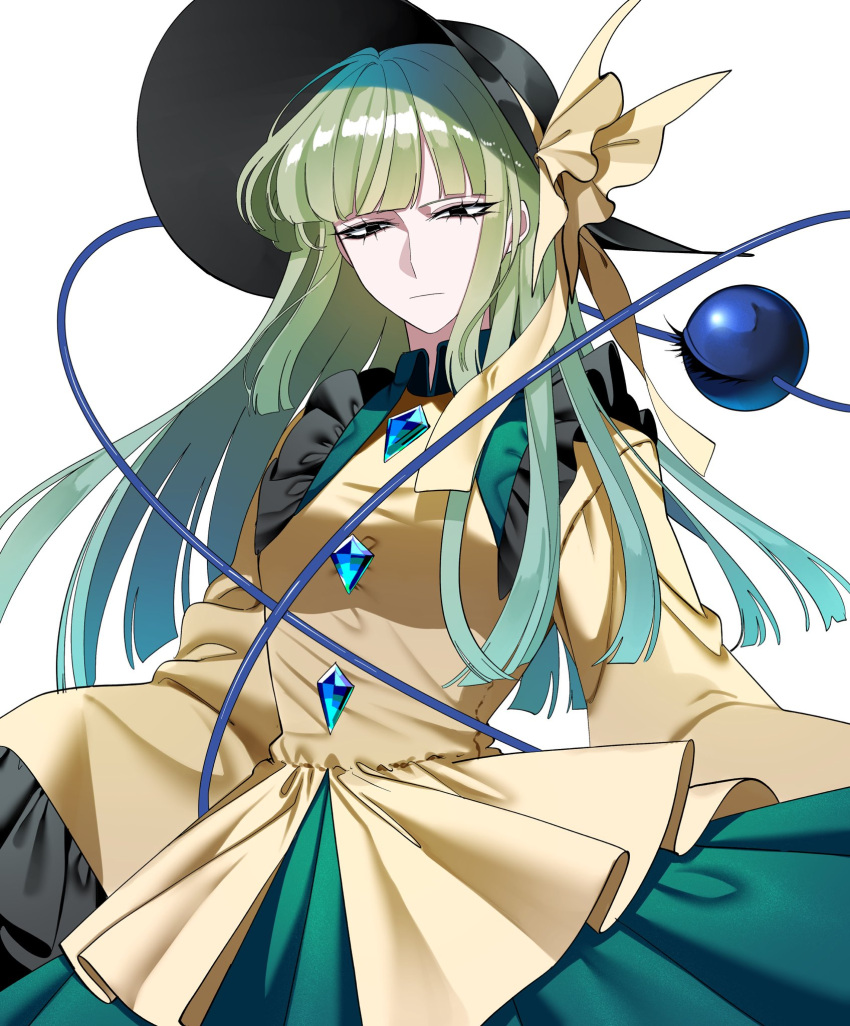 1girl, :|, black_eyeliner, black_eyeshadow, black_hat, bow, breasts, buttons