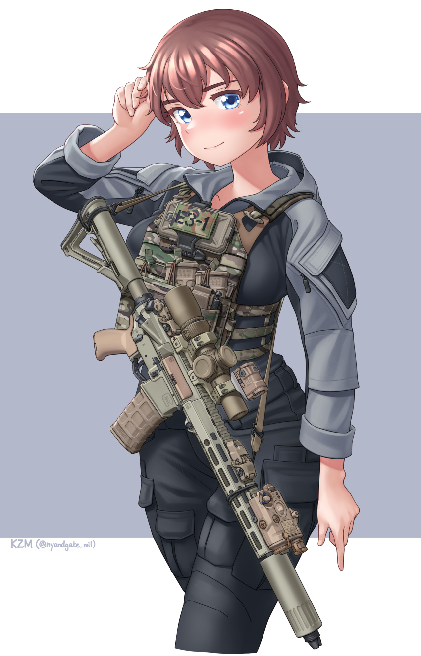 1girl, absurdres, ar-15, artist_name, black_jacket, black_pants, blue_eyes, blush