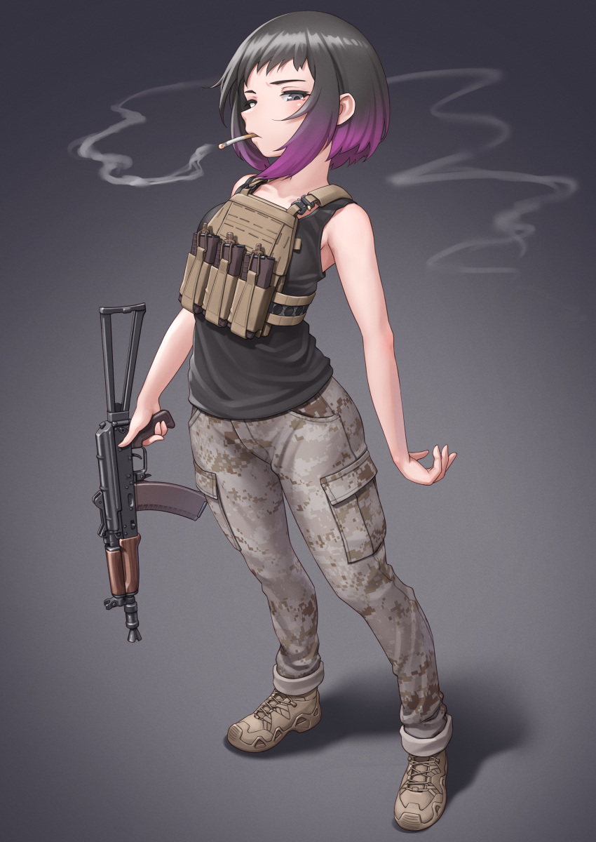 1girl, absurdres, aks-74u, assault_rifle, black_eyes, black_hair, black_tank_top, bob_cut