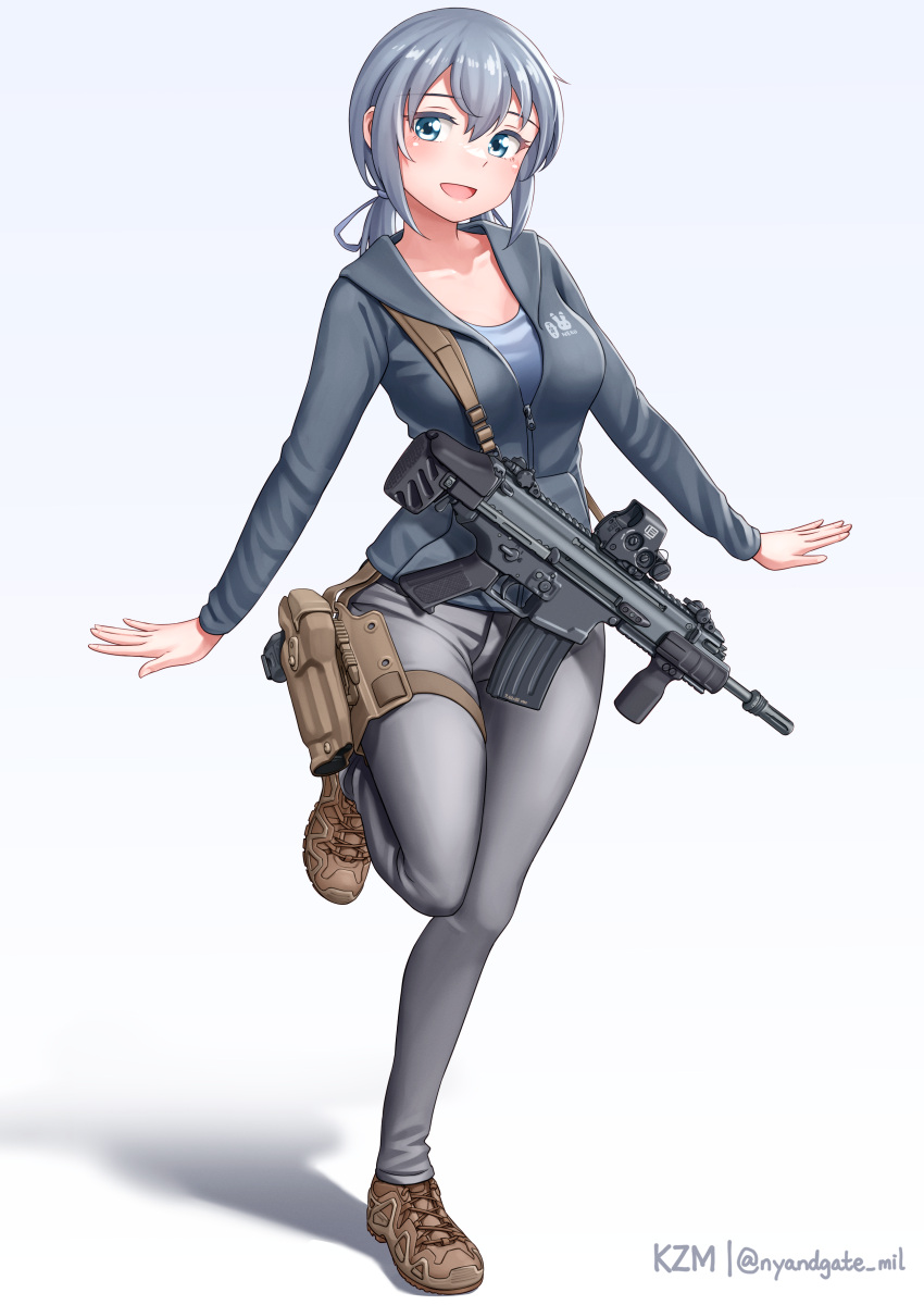 1girl, absurdres, artist_name, assault_rifle, blue_eyes, blue_shirt, brown_footwear, commentary_request