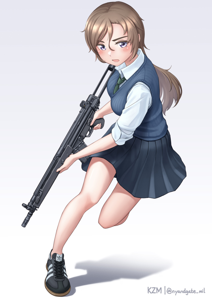 1girl, absurdres, adidas, artist_name, battle_rifle, black_footwear, black_skirt, blue_eyes