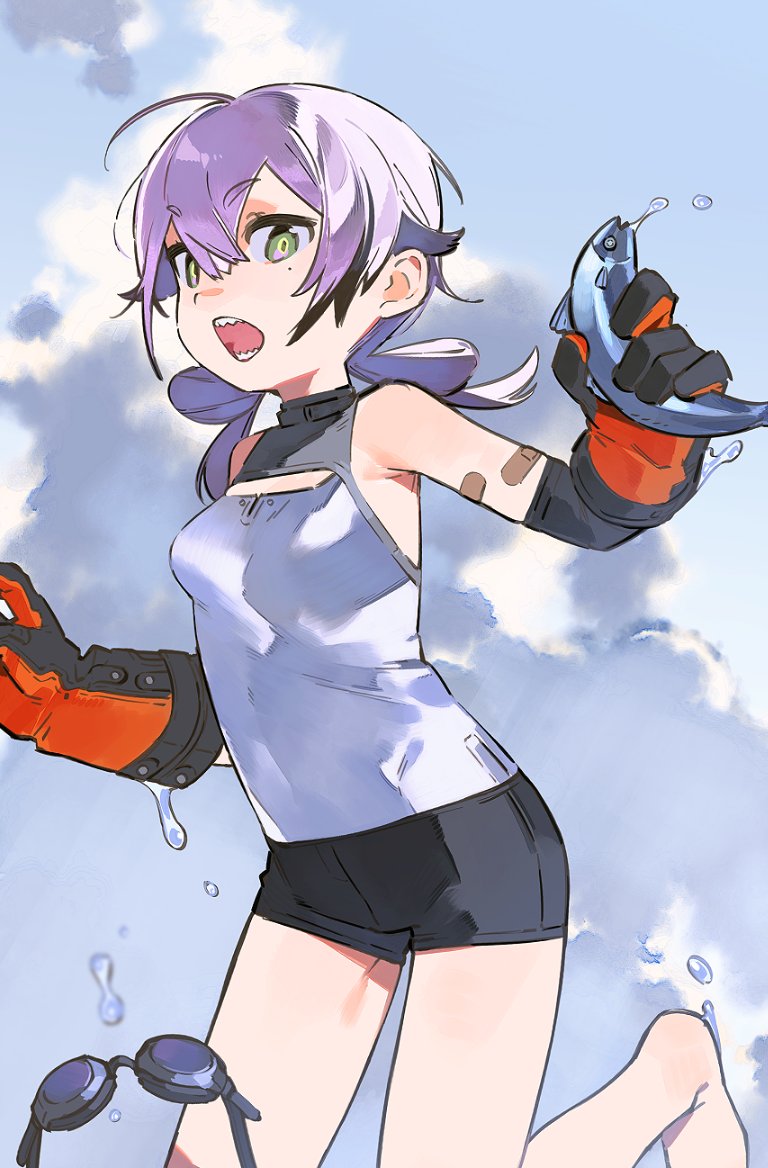 bandaid, bare_legs, blue_sky, cascadia_(neural_cloud), clouds, cloudy_sky, fish, folded_twintails, girls'_frontline_neural_cloud, gloves, green_eyes, ierotak, low_twintails, mole, mole_under_eye, open_mouth, orange_gloves, purple_hair, sharp_teeth, sky, swim_goggles, swimsuit, teeth, twintails, water_drop, work_gloves