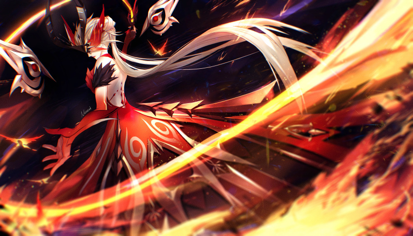 1girl, afternoon_pm, bare_shoulders, black_nails, blonde_hair, crimson_lotus_moth_(genshin_impact), eye_mask, fire, fur_trim, genshin_impact, highres, holding, holding_weapon, holding_whip, long_hair, mask, signora_(crimson_witch_of_embers)_(genshin_impact), signora_(genshin_impact), solo, very_long_hair, weapon, whip