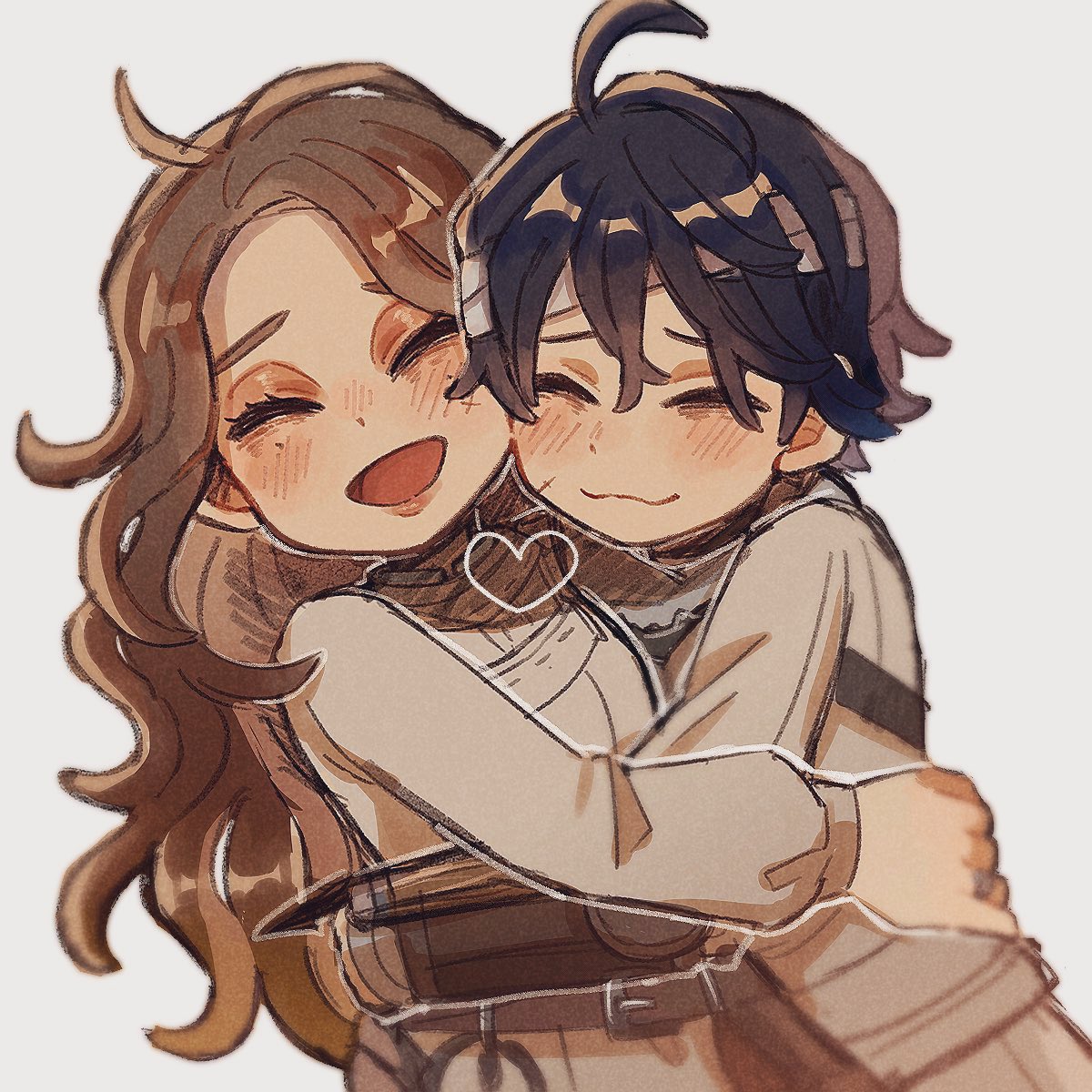 1boy, 1girl, :3, :d, ^_^, ada_mesmer, amedama094, bandaged_head, bandages, black_hair, brown_hair, closed_eyes, closed_mouth, couple, dress, emil_(identity_v), hair_between_eyes, happy, heart, highres, hug, identity_v, long_hair, long_sleeves, mutual_hug, open_mouth, shirt, short_hair, simple_background, smile, white_background, white_dress, white_shirt