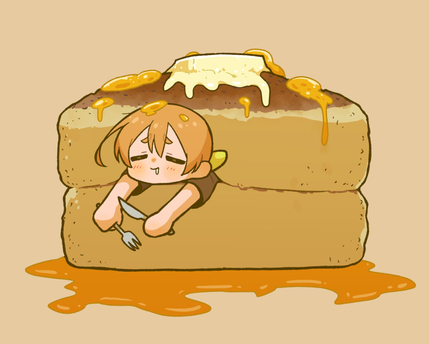 1girl, =_=, bow, brown_background, brown_hair, butter, closed_eyes, commentary_request