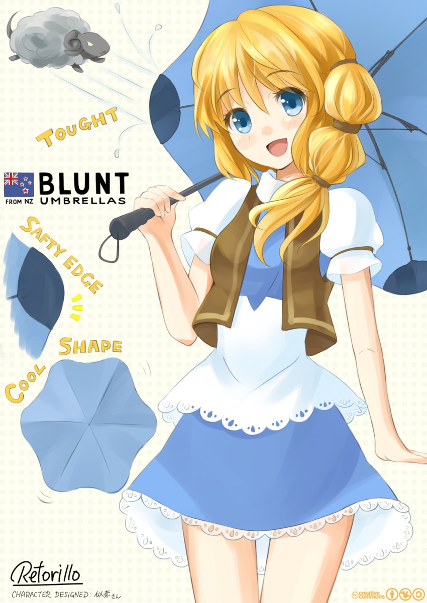 blue_eyes, engrish, flag, highres, long_hair, new_zealand, original, personification, ranguage, retorillo, sheep, side_ponytail, solo, umbrella