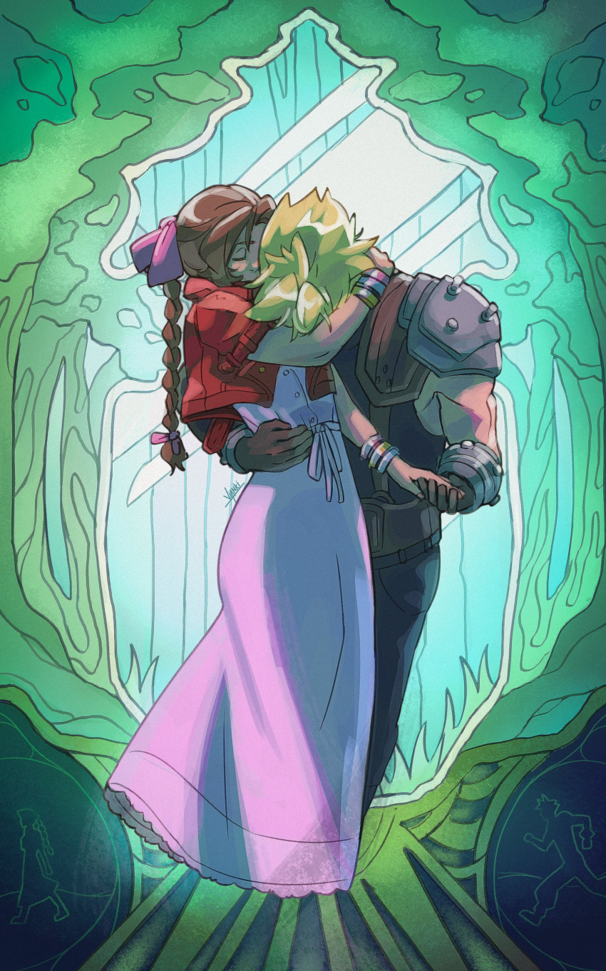 1boy, 1girl, absurdres, aerith_gainsborough, arm_around_neck, arm_around_waist, armor, bangle, belt, blonde_hair, bracelet, braid, braided_ponytail, brown_belt, brown_gloves, brown_hair, closed_eyes, cloud_strife, couple, cropped_jacket, cropped_legs, dress, emi-bianchi, final_fantasy, final_fantasy_vii, final_fantasy_vii_rebirth, final_fantasy_vii_remake, forest, gloves, hair_ribbon, hetero, highres, holding_hands, jacket, jewelry, long_dress, long_hair, nature, outdoors, parted_bangs, pink_dress, pink_ribbon, red_jacket, ribbon, running, shirt, short_hair, short_sleeves, shoulder_armor, single_braid, sleeveless, sleeveless_shirt, spiky_hair, suspenders, upper_body