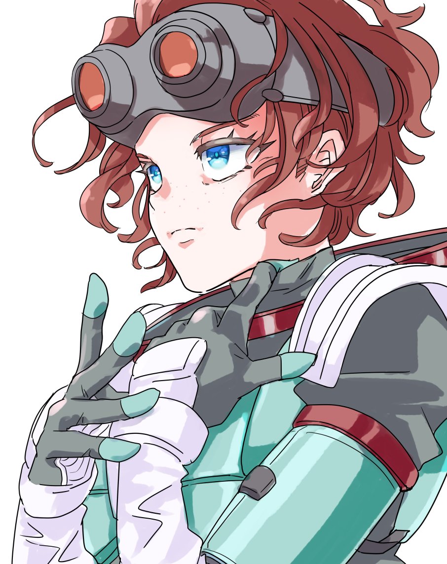 1girl, animification, apex_legends, black_gloves, blue_eyes, brown_hair, floating_hair, freckles