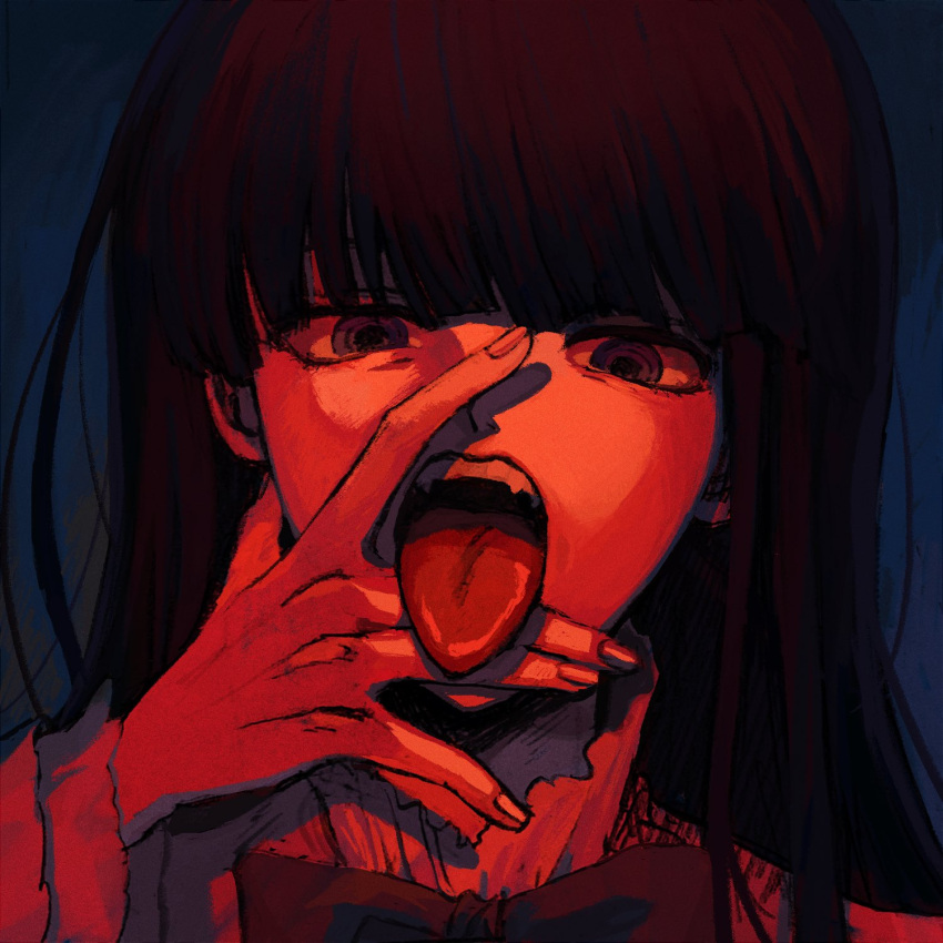 1girl, blunt_bangs, close-up, frederica_bernkastel, hand_on_own_face, highres, long_hair, looking_at_viewer, nasu_(nasuotabe), open_mouth, red_theme, solo, teeth, tongue, tongue_out, umineko_no_naku_koro_ni