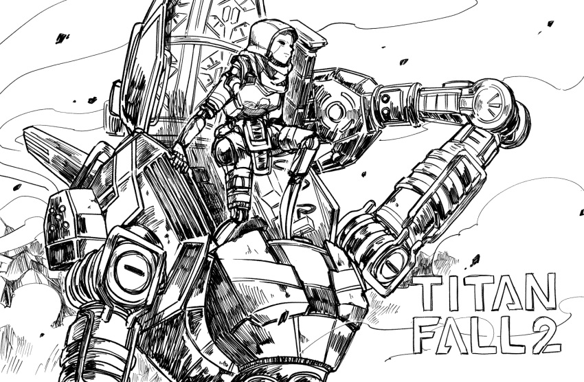 1girl, android, animification, ash_(titanfall_2), copyright_name, greyscale, hood, hood_up