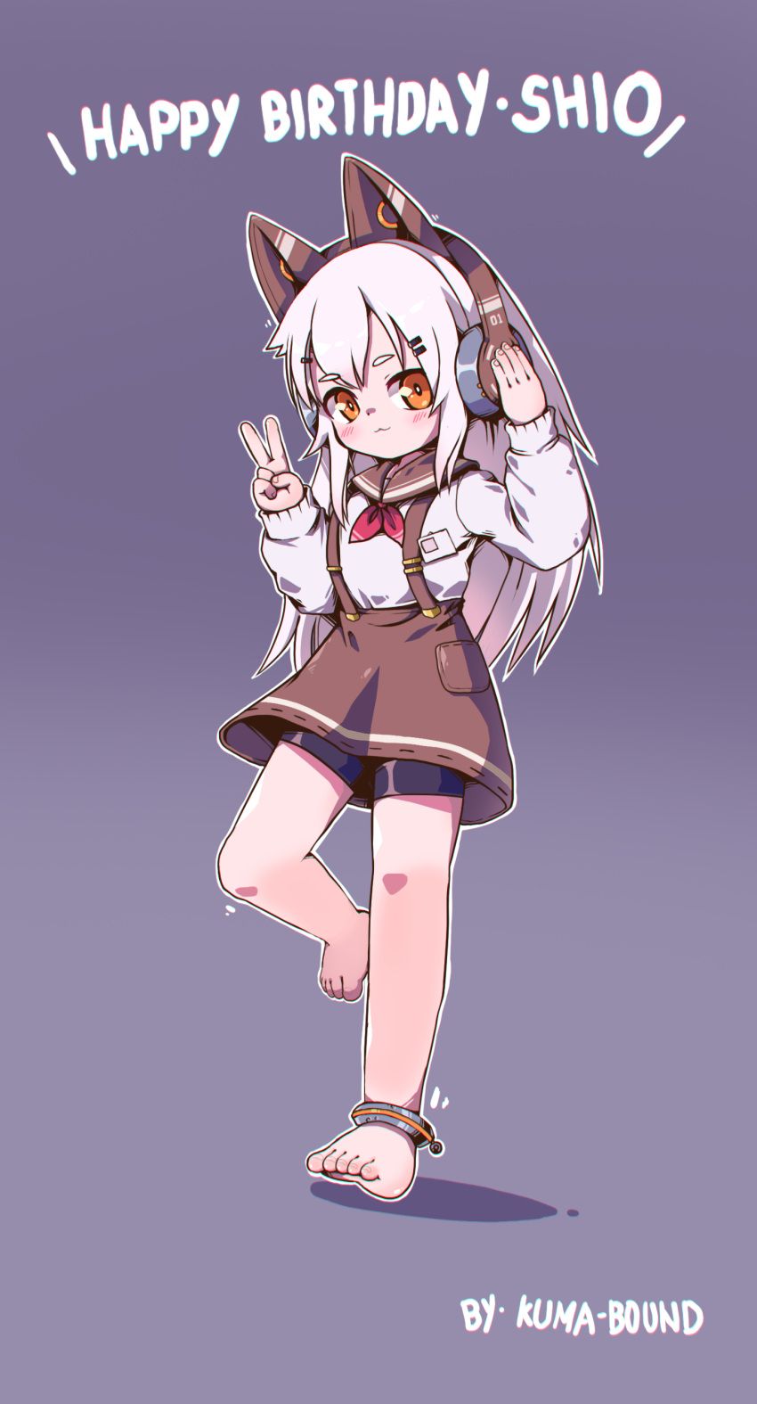 1girl, :3, absurdres, animal_ear_headphones, animal_ears, artist_name, barefoot, bike_shorts
