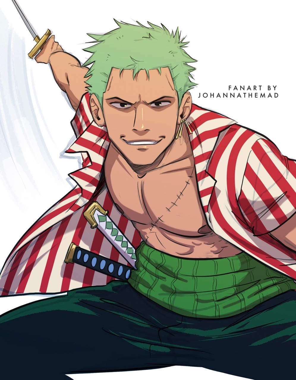 1boy, artist_name, black_eyes, commentary, earrings, english_commentary, english_text, green_hair