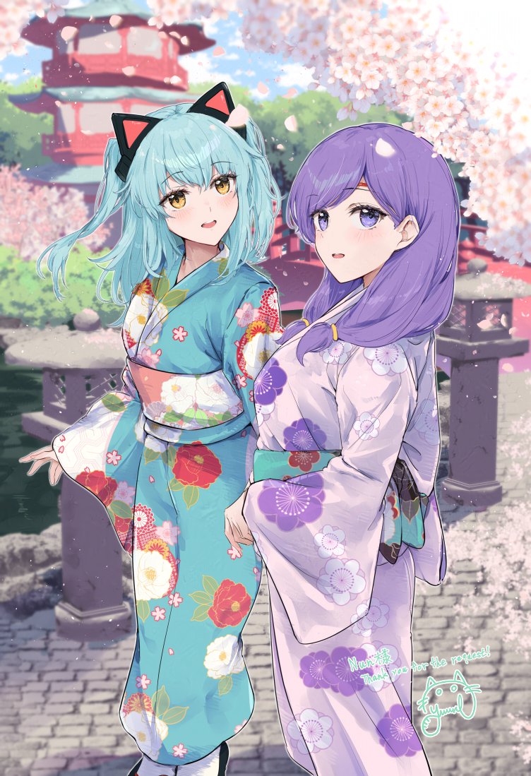 2girls, animal_ear_headphones, animal_ears, ao_no_kiseki, architecture, blue_hair, cat_ear_headphones, character_request