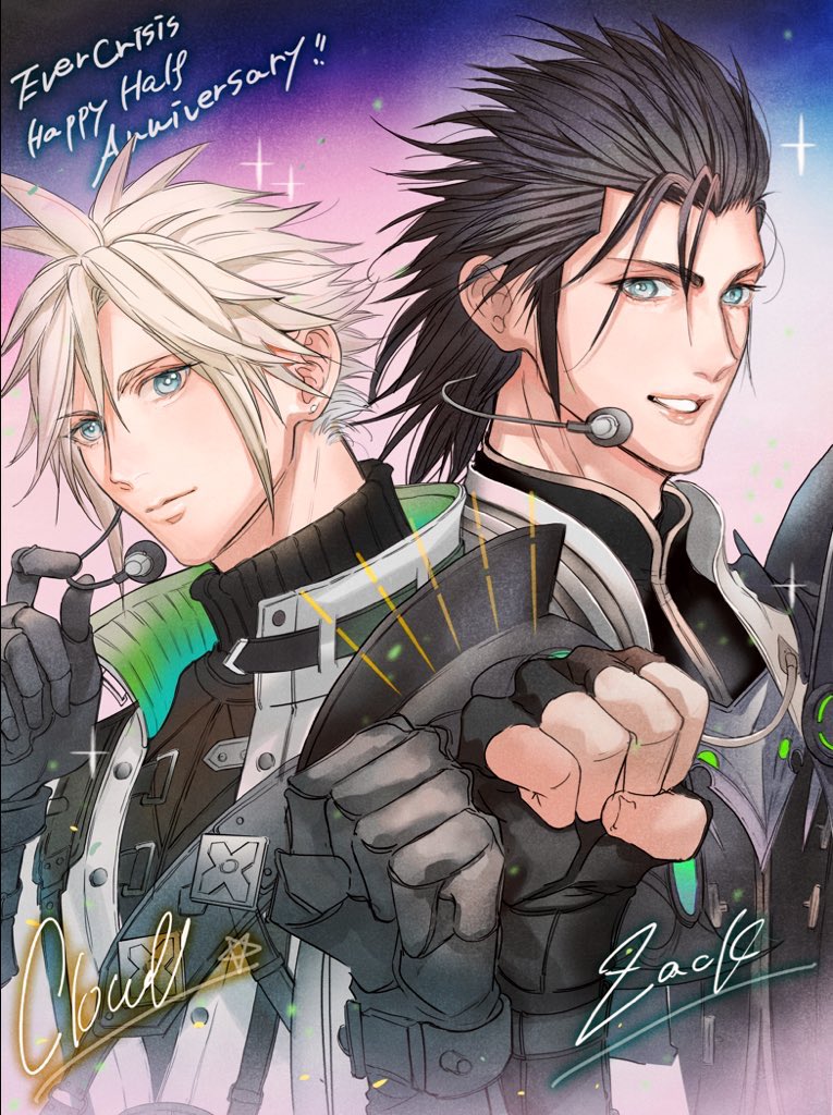 2b_fff, 2boys, armor, black_gloves, black_hair, black_jacket, black_shirt, blonde_hair, blue_eyes, clenched_hand, closed_mouth, cloud_strife, cloud_strife_(saber_style), final_fantasy, final_fantasy_vii, final_fantasy_vii_ever_crisis, fingerless_gloves, gloves, hair_between_eyes, hair_slicked_back, headset, idol, jacket, male_focus, multiple_boys, official_alternate_costume, parted_lips, ribbed_sweater, shirt, short_hair, shoulder_armor, sideburns, sparkle, spiky_hair, sweater, swimsuit, turtleneck, upper_body, zack_fair, zack_fair_(guardian_style)