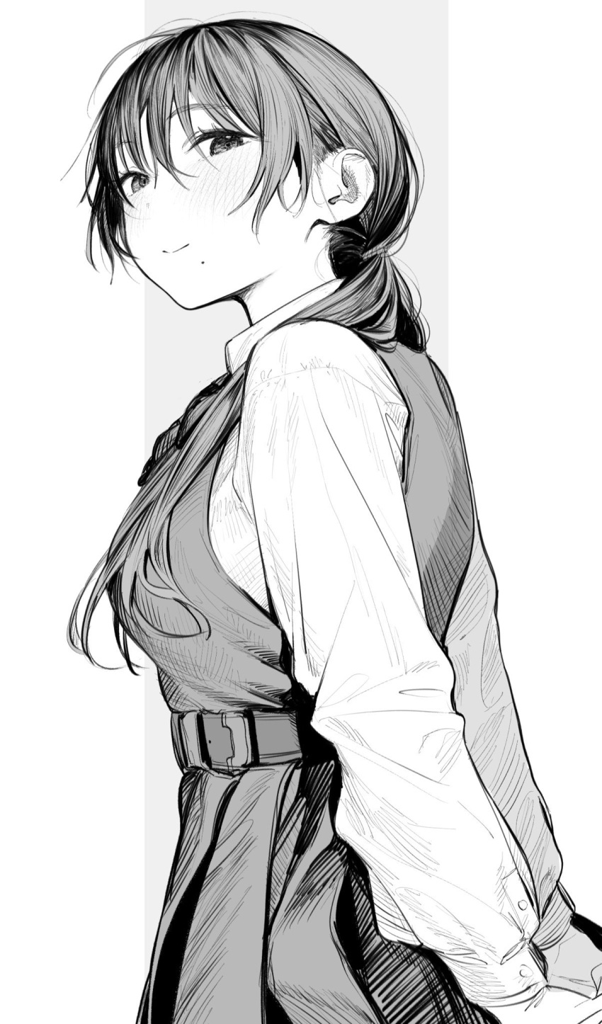 1girl, collared_shirt, dress, greyscale, highres, long_hair, long_sleeves, looking_at_viewer