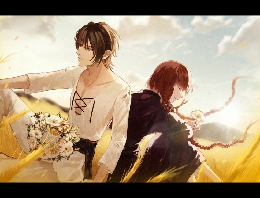 1boy, 1girl, amagami_akira, back-to-back, birthday, black_robe, braid, brown_eyes, brown_hair, closed_eyes, fata_morgana_no_yakata, feet_out_of_frame, flower, flower_wreath, holding, holding_flower, jacopo_bearzatti, letterboxed, light_smile, long_hair, morgana_(fata_morgana_no_yakata), on_ground, outdoors, redhead, robe, short_hair, sitting, twin_braids, v-neck, very_long_hair, wheat, wheat_field
