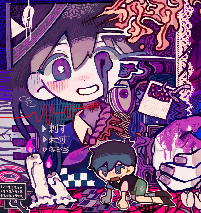 1boy, 1girl, black_eyes, black_footwear, black_hair, candle, chibi, colored_skin