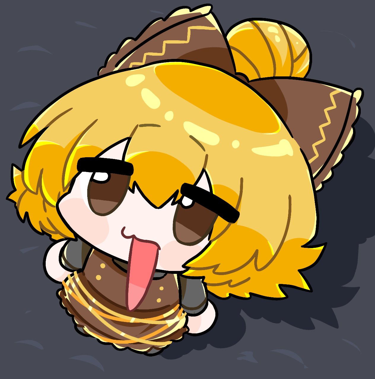 1girl, black_shirt, blonde_hair, bow, brown_bow, brown_dress, brown_eyes, chibi
