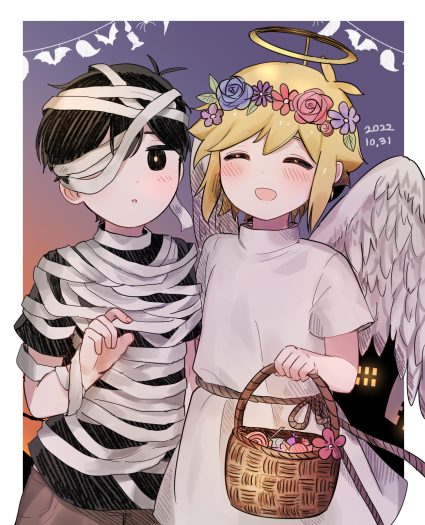 2boys, aged_down, angel_wings, antenna_hair, bandage_over_one_eye, bandaged_head, bandages, bandages_over_clothes, basil_(faraway)_(omori), basil_(omori), basket, black_eyes, black_hair, black_shirt, blonde_hair, blue_flower, blue_rose, blush, border, bright_pupils, brown_shorts, child, closed_eyes, dated, dress, fake_halo, feathered_wings, fingernails, flower, gradient_background, griffin333, hair_behind_ear, hair_between_eyes, halloween, halo, head_wreath, highres, holding, holding_basket, leaf, looking_at_viewer, multiple_boys, official_alternate_costume, omori, open_mouth, orange_background, orange_pupils, parted_lips, pink_flower, pink_rose, purple_background, purple_flower, red_flower, rope, rose, shirt, short_hair, short_sleeves, shorts, simple_background, smile, sunny_(omori), turtleneck, turtleneck_dress, white_border, white_dress, white_wings, wings, yellow_halo