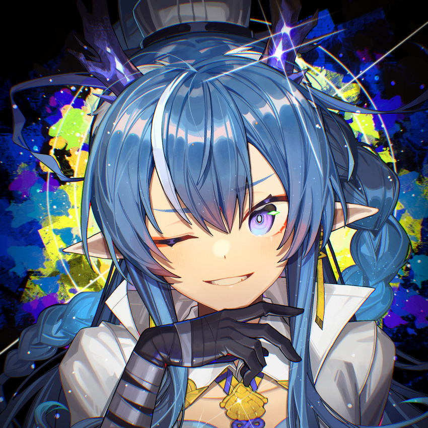 1girl, abstract_background, acidinjection, arknights, bandaged_hand, bandages, blue_hair, braid