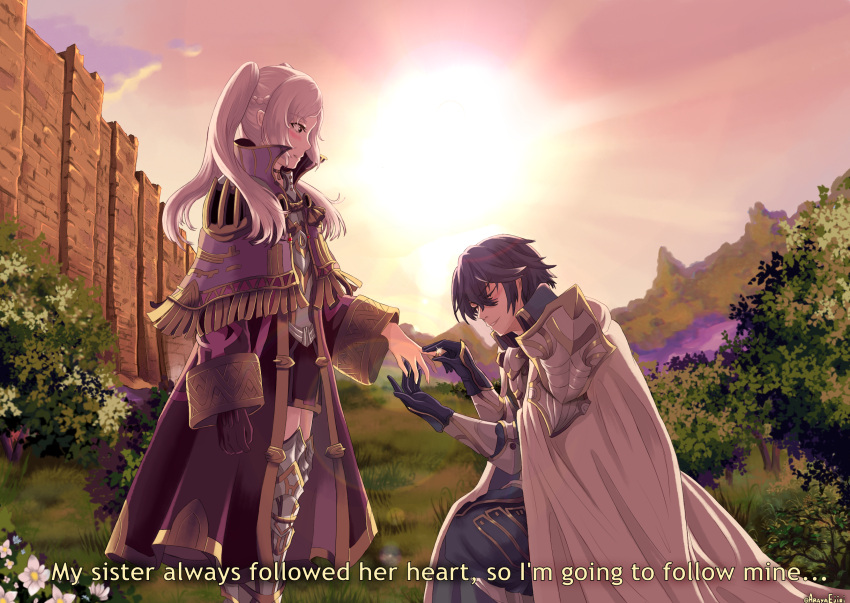 1boy, 1girl, armor, blue_hair, blush, cape, chrom_(fire_emblem), coat