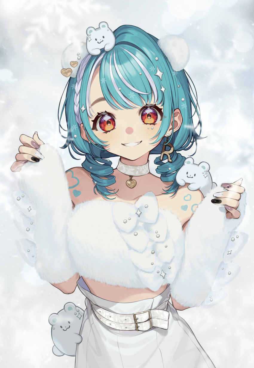 1girl, absurdres, animal_ears, arm_warmers, bare_shoulders, belt, blue_hair, choker