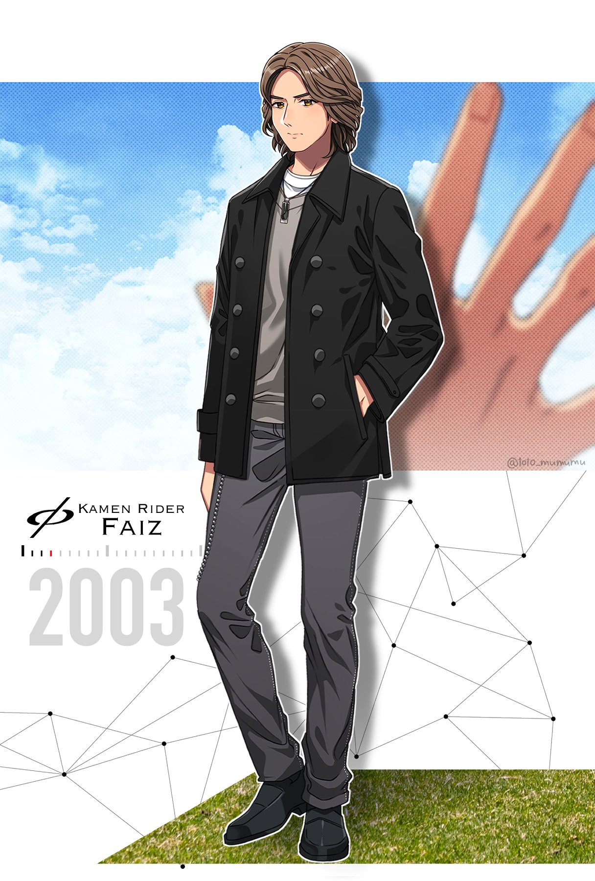 1010_mumumu, 1boy, 2003, black_jacket, blue_sky, brown_hair, contrapposto, copyright_name