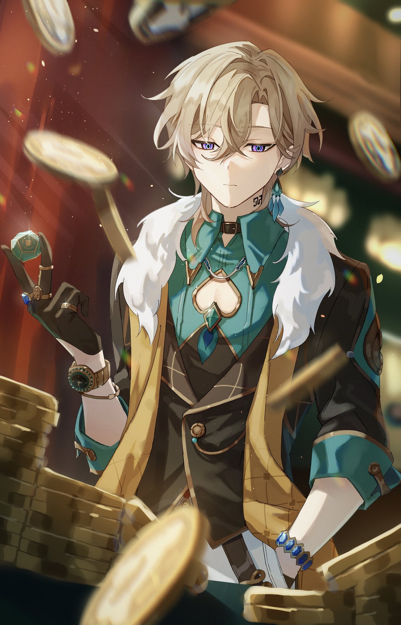 1boy, aqua_shirt, aventurine_(honkai:_star_rail), black_gloves, black_jacket, blonde_hair, bracelet, closed_mouth