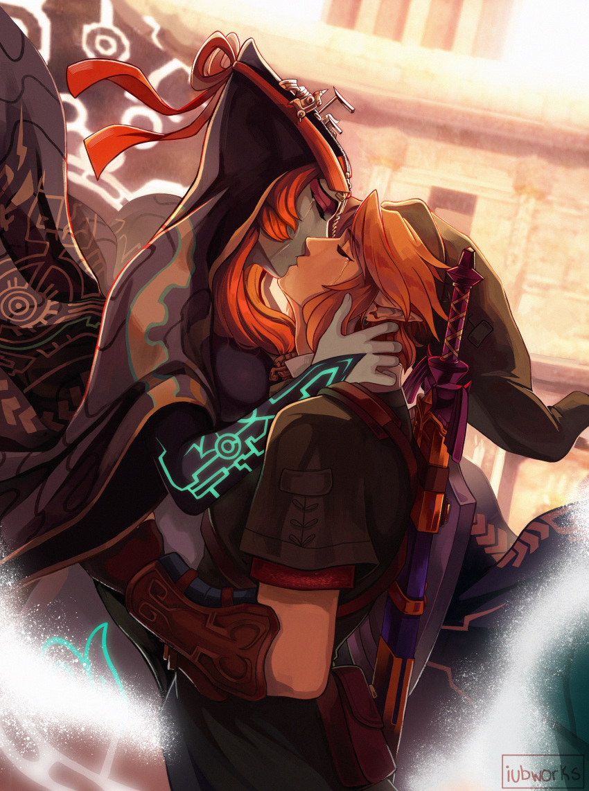 1boy, 1girl, absurdres, arm_guards, ayuuniiart, black_skin, blonde_hair, blue_skin
