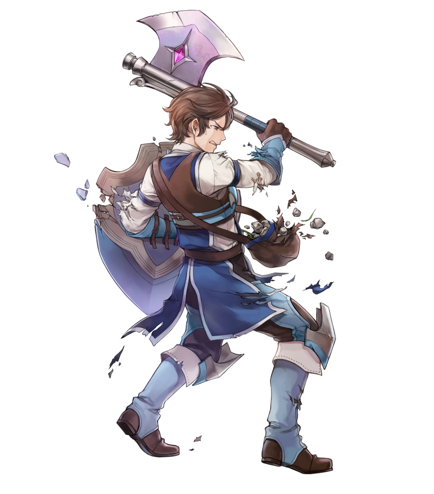 1boy, aged_down, axe, brown_eyes, brown_gloves, brown_hair, clenched_teeth, damaged, fire_emblem, fire_emblem_awakening, fire_emblem_heroes, frederick_(child)_(fire_emblem), frederick_(fire_emblem), gloves, highres, holding, holding_axe, non-web_source, pebble, pouch, shield, short_hair, solo, tagme, teeth, torn_clothes