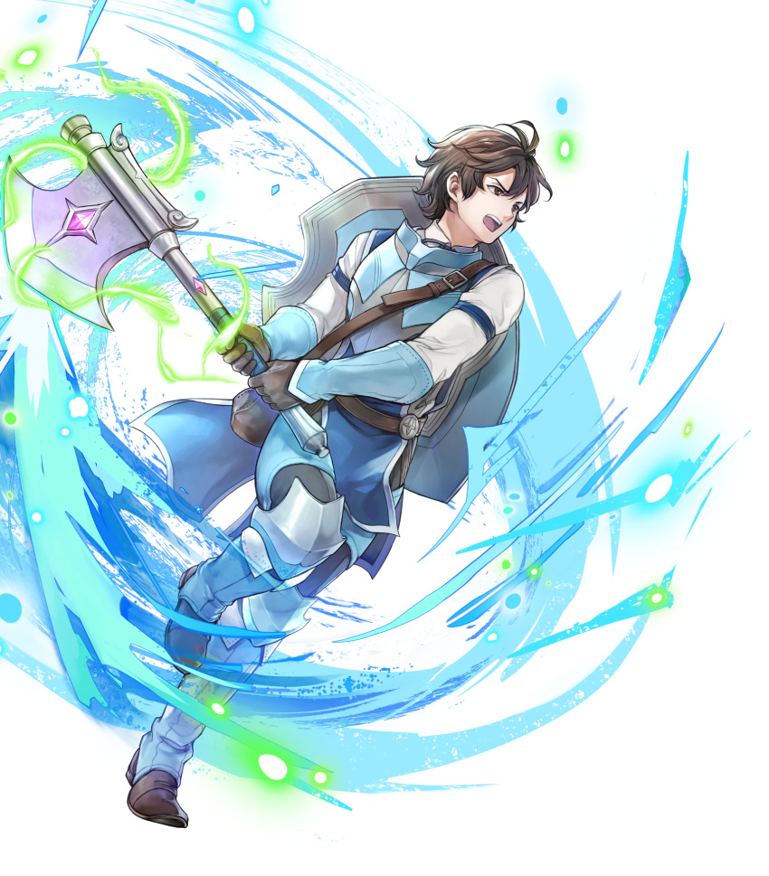 1boy, aged_down, attack, axe, brown_eyes, brown_gloves, brown_hair, fire_emblem