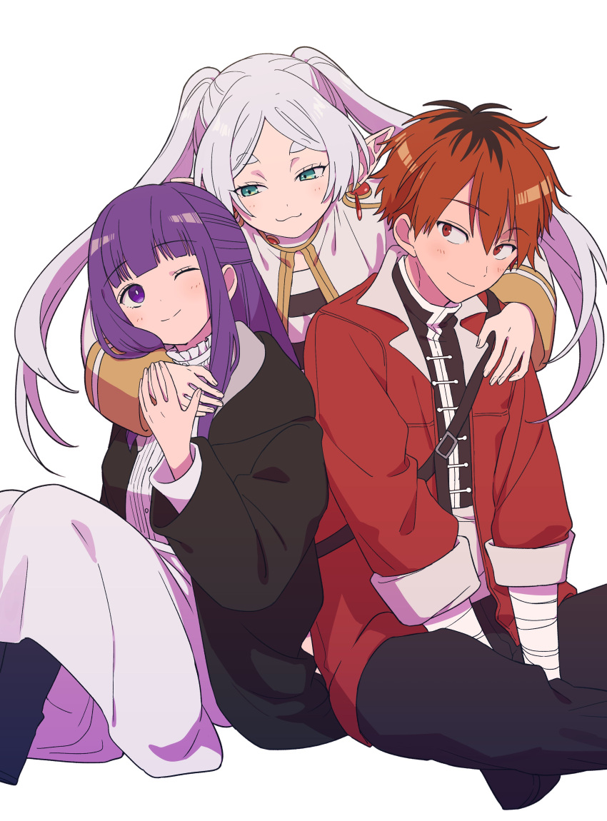 1boy, 2girls, :3, absurdres, ayuppe, bandaged_arm, bandages, black_hair