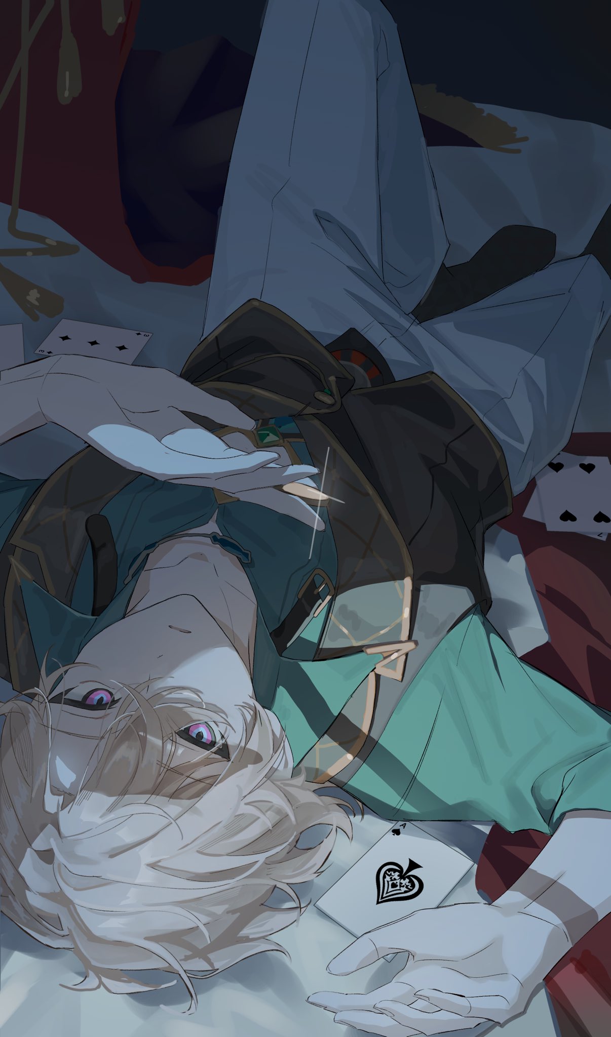 1boy, aqua_shirt, aventurine_(honkai:_star_rail), black_vest, blonde_hair, card, collared_shirt, hair_between_eyes