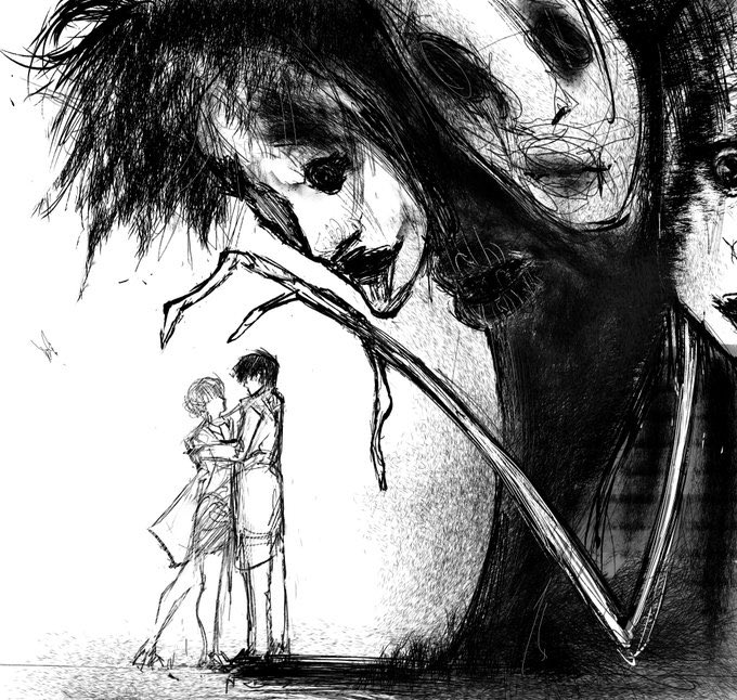 black_eyes, choujin_x, couple, faceless, graphite_(medium), hartley_(choujin_x), horror_(theme), husband_and_wife