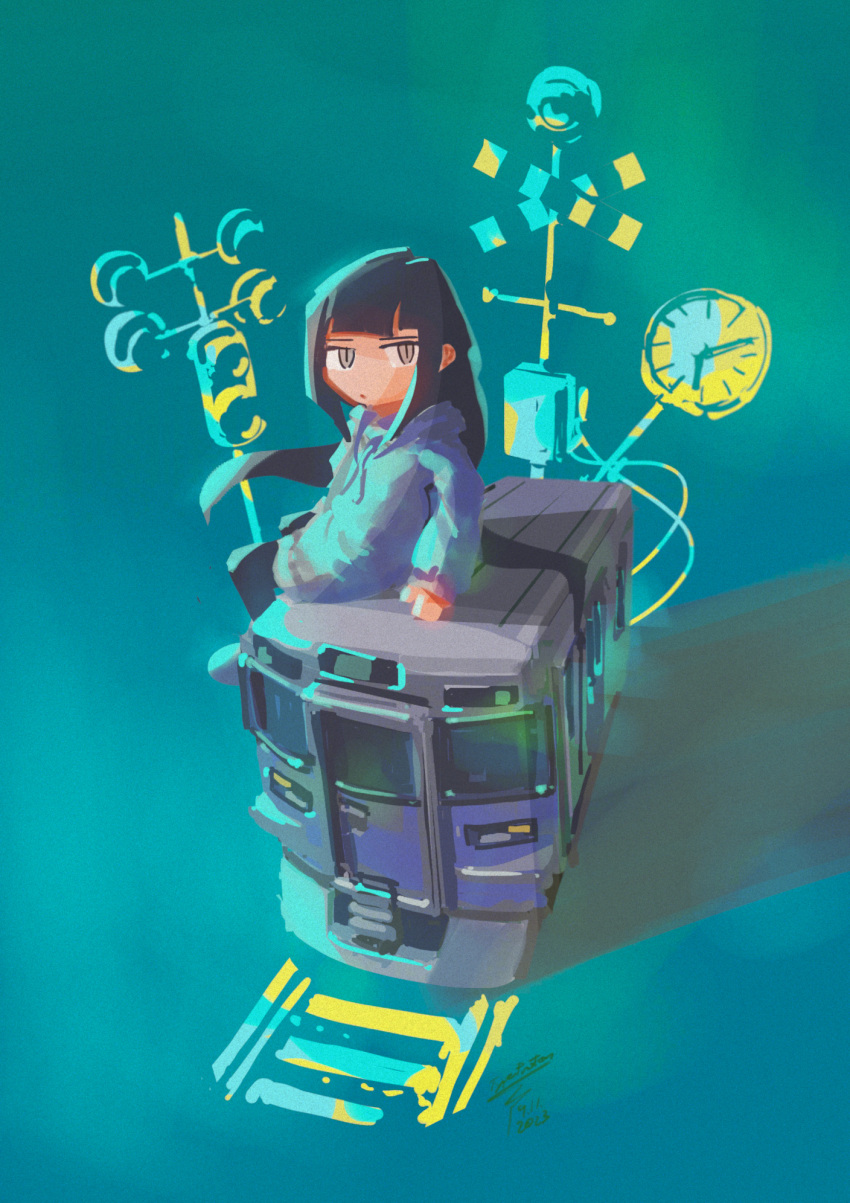 1girl, 2023, artist_name, black_hair, blue_background, blunt_bangs, clock, closed_mouth, dated, expressionless, grey_eyes, grey_hoodie, highres, hood, hood_down, hoodie, inabakumori, jitome, lag_train_(vocaloid), long_hair, looking_to_the_side, low_twintails, on_vehicle, osage_(nukunuku_nigirimeshi), railroad_crossing, railroad_tracks, signature, sitting, solo, train, twintails, typeproton
