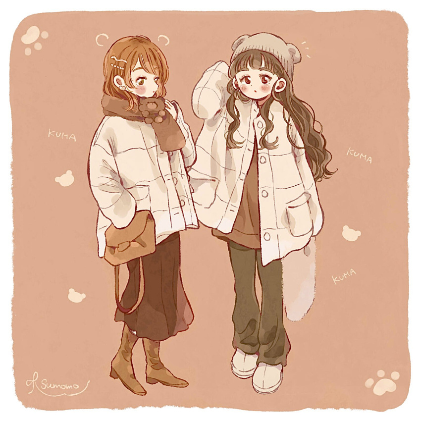 2girls, alternate_costume, animal_ear_headwear, animal_print, artist_name, beanie, bear_print, blush