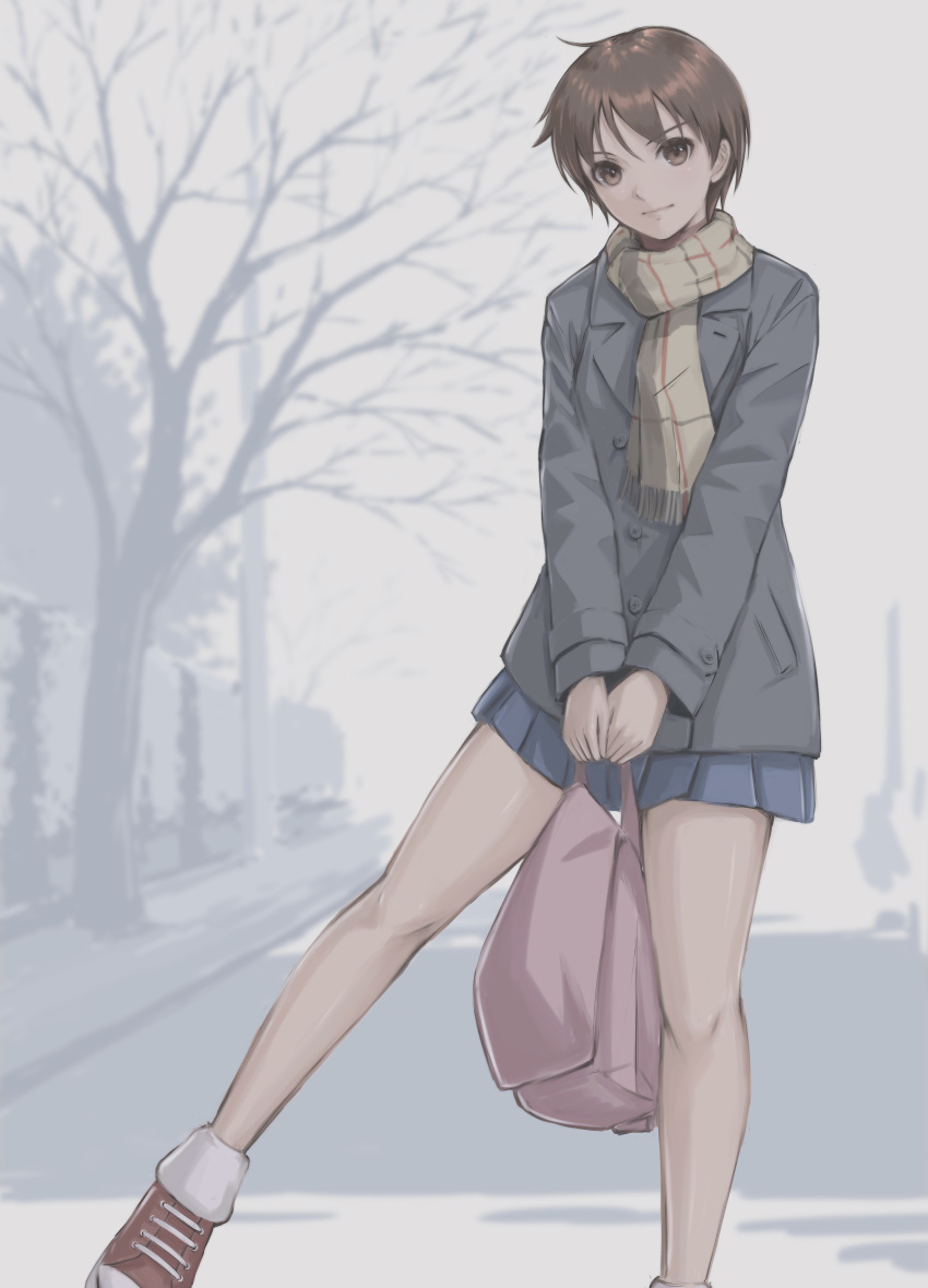 1girl, absurdres, bag, bare_tree, black_coat, blue_skirt, brown_eyes, brown_hair, brown_scarf, closed_mouth, coat, commentary, expressionless, highres, holding, holding_bag, kasugano_sakura, looking_at_viewer, outdoors, own_hands_together, pink_bag, plaid, plaid_scarf, pleated_skirt, red_footwear, road, scarf, school_uniform, shoes, short_hair, skirt, sneakers, socks, solo, spread_legs, standing, standing_on_one_leg, street, street_fighter, tomboy, tree, tyanoki, v_arms, very_short_hair, white_socks, winter, winter_clothes