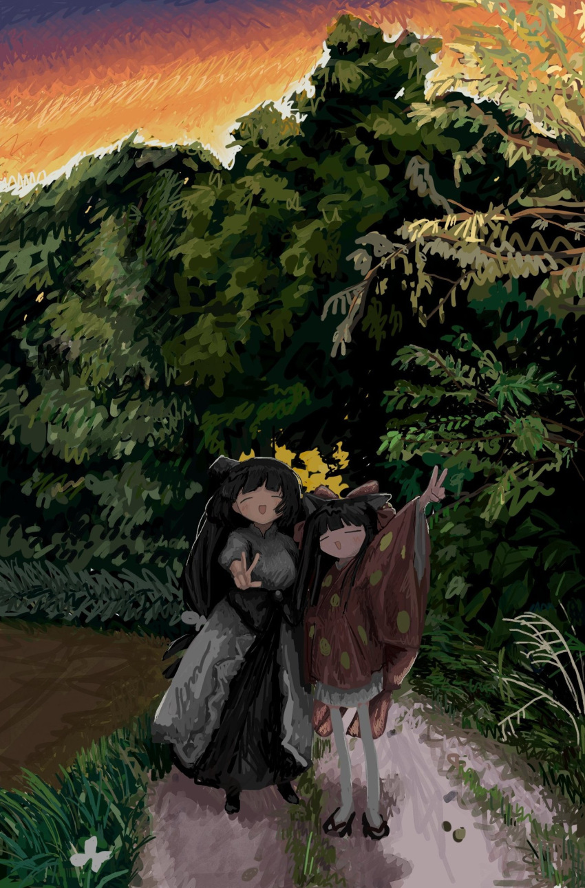 2girls, :d, animal_ears, black_hair, bow, britva, chihedo_musubi, closed_eyes